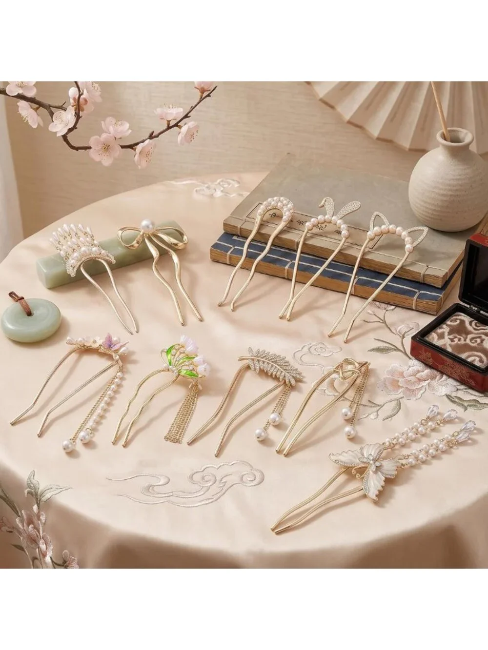 10 Retro Flower Butterfly Gold Hair Fork Pins with Pearl Tassels - Decorative